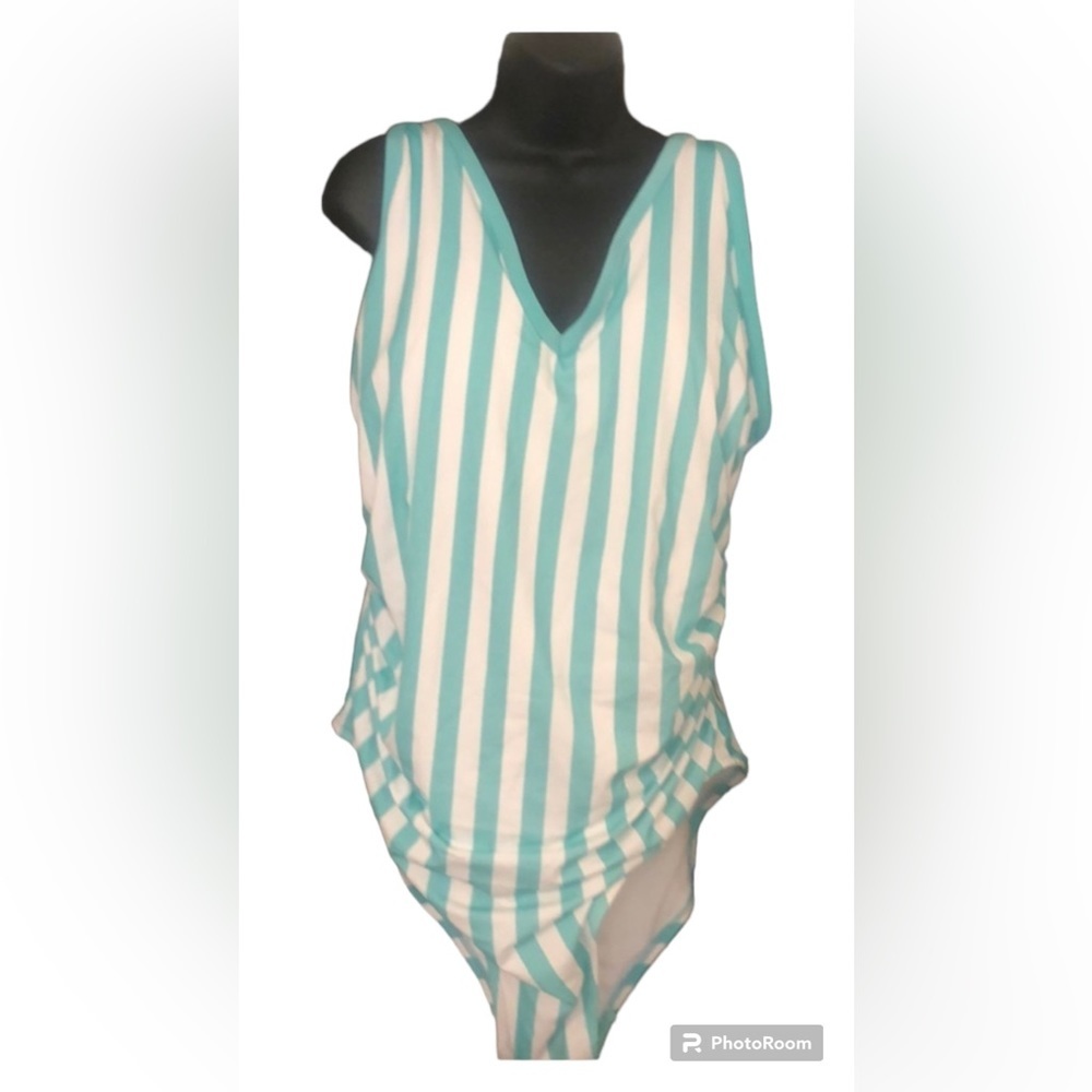 KONA Sol Teal and White Striped Swimsuit Size 22 W NWT